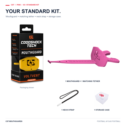 CST pink Standard Kit: one mouthguard, matching tether, neck strap and storage case. Packaging shown.