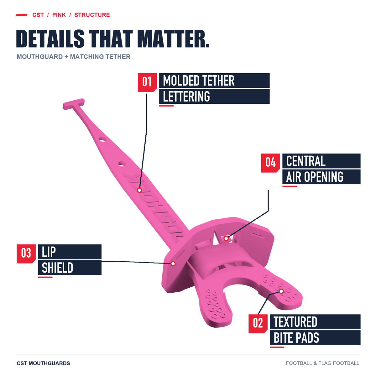 CST pink mouthguard with matching tether: molded lettering, textured bite pads, lip shield and central air opening.