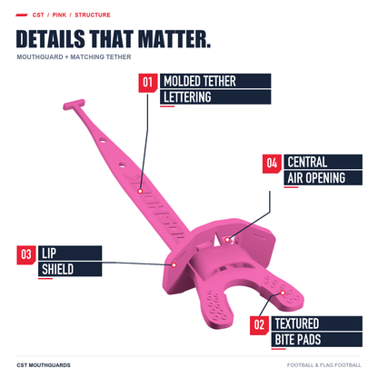 CST pink mouthguard with matching tether: molded lettering, textured bite pads, lip shield and central air opening.