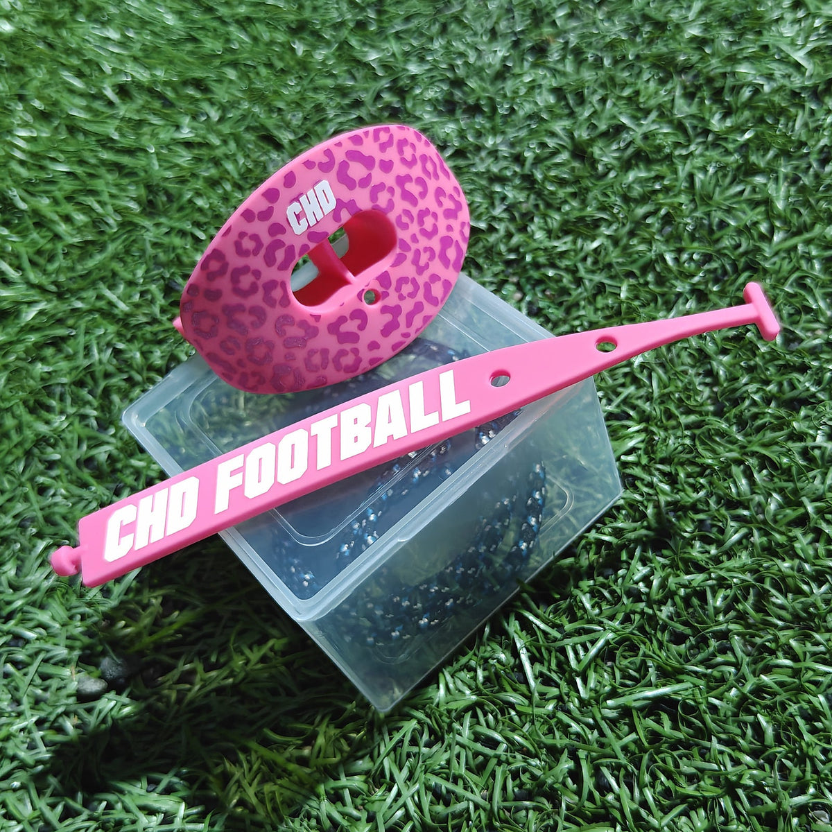 Real customer photo of CHD Pink Leopard Design Football Mouthguard; square crop from original CHD photo