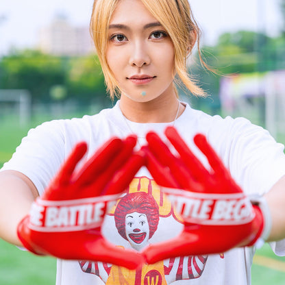 Real customer photo of CHD G1 Red Receiver Football Gloves; square crop from original CHD photo