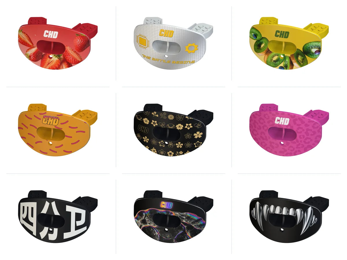 Nine CHD Graphic Series mouthguard prints shown from an angle